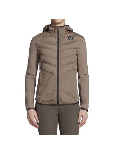 Veste courte légère marron en plumes avec capuche et col haut pour femme modèle Courchevel - Vestrum