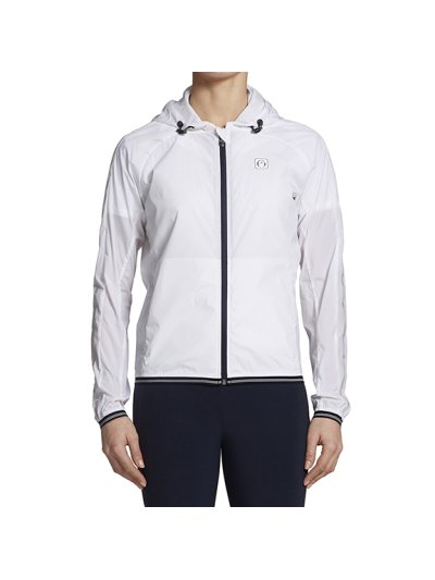 Veste coupe-vent e imperméable blanche et bleu marine avec capuche pour femme modèle Reine - Vestrum