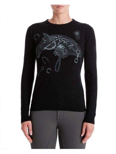 Pull en maille fin noir et brodé gris pour femme modèle Nyon - Vestrum