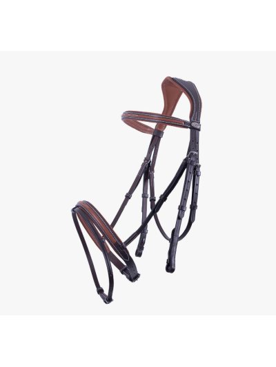 Brides en cuir marron bicolore avec coutures blanches et Rênes pour cheval Freya - QHP