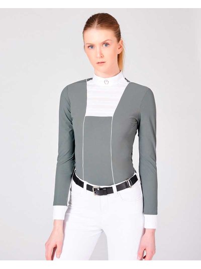Polo de compétition vert grisâtre à manches longues avec panel blanc sur la poitrine pour femme modèle Nanchino - Vestrum