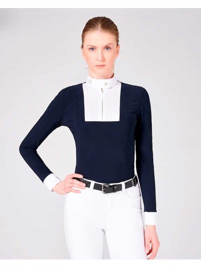 Polo de compétition bleu marine à manches longues avec panel blanc sur le devant pour femme modèle Hasselt - Vestrum