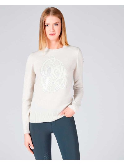 Pull en laine crème avec broderie et brillants sur le devant pour femme modèle Kiel - Vestrum