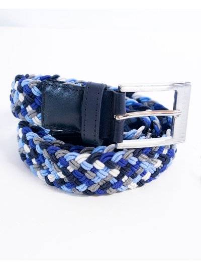 Ceinture tressée et élastique bleu, bleu clair, bleu marine, gris et blanc avec finitions en cuir bleu marine - Euro-Star