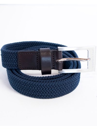 Ceinture étroit, tressé et élastique bleu marine avec finitions en cuir marron foncé - Euro-Star