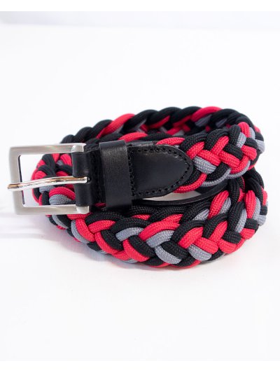 Ceinture étroite, tressée et élastique corail, noir et gris, avec finitions en cuir noir.- Euro-Star