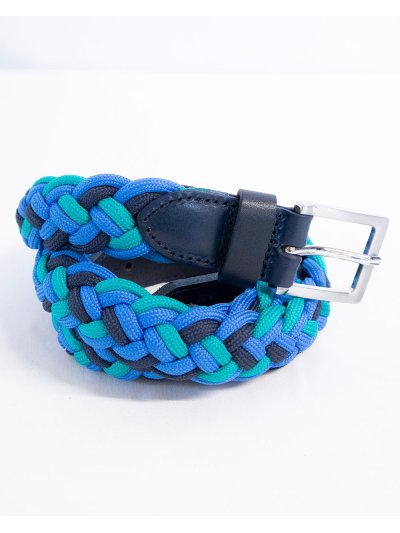 Ceinture étroit, tressé et élastique bleu marine, turquoise et bleu avec finitions en cuir en bleu marine - Euro-Star