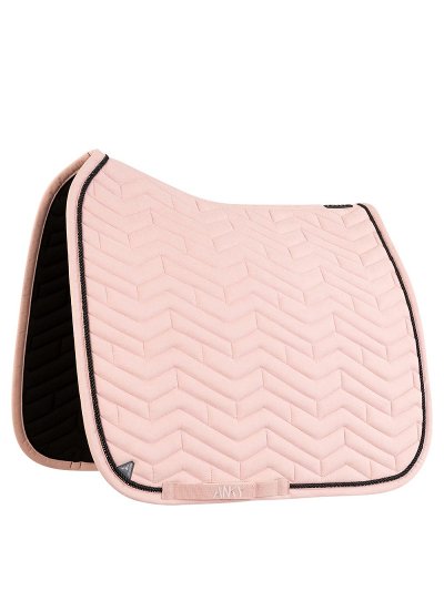 Light pink dressage saddle pad (bridal rose) with horizontal zigzag embroidery and a shiny black stone cord - Anky