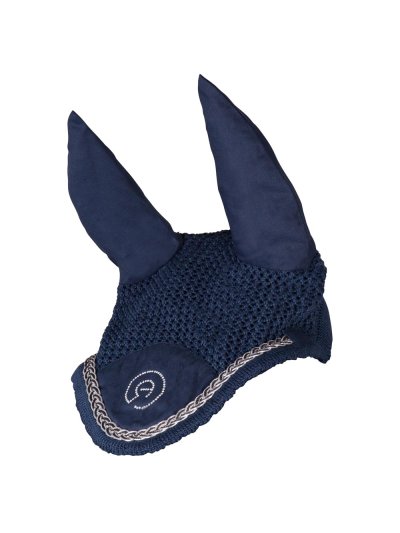 Bonnet bleu marine (navy) avec cordon brillant tressé noir et argenté pour cheval et poney - ANKY