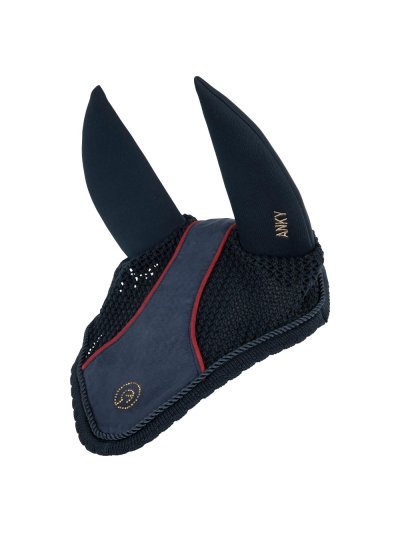 Bonnet bleu marine (dark navy) à détails grenat et oreilles anti-bruit pour cheval et poney - Anky