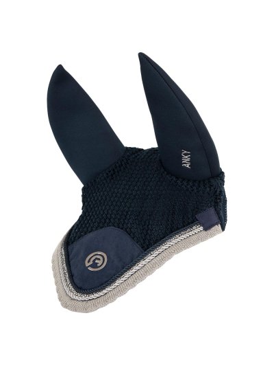 Bonnet bleu marine et gris à strass (navy/silver) avec oreilles anti-bruit pour cheval et poney - ANKY