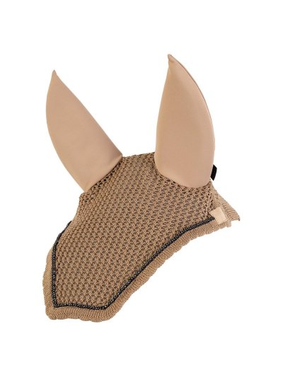 Beige crochet ear bonnet decorated with braided stone trim and removable cotton &amp; neoprene ears for horse - Anky