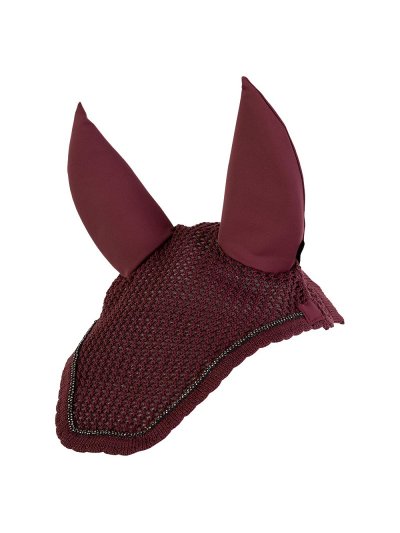 Bonnet en crochet bordeaux (windsor wine) décoré de bordure tressée à perles et oreilles coton et néoprène amovibles pour cheval - Anky
