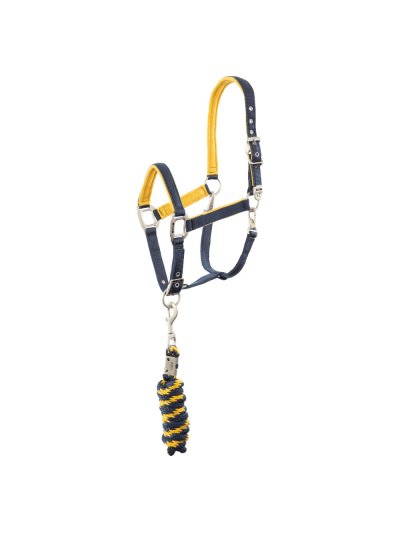 Licol d'écurie avec longe bleu marine (dark navy) et jaune pour cheval et poney - ANKY
