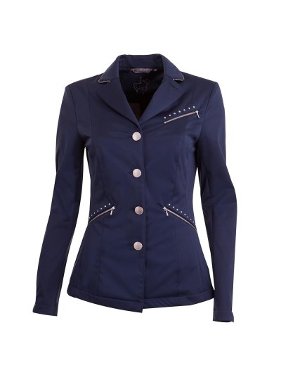 Veste de compétition bleu marine avec clous et passepoil du col argenté brillant pour femme - Anky
