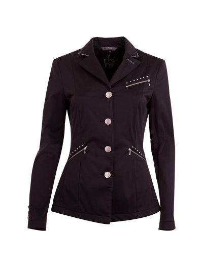 Veste de compétition noire avec clous et passepoil du col argenté brillant pour femme - Anky