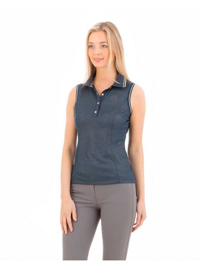 Polo sans manches bleu marine (dark navy) avec paillettes dorée pour femme - Anky