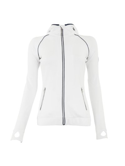 Veste de compétition blanche (white) avec détails bleu marine et argenté avec fermeture éclair, col haut et capuche pour femme - Anky