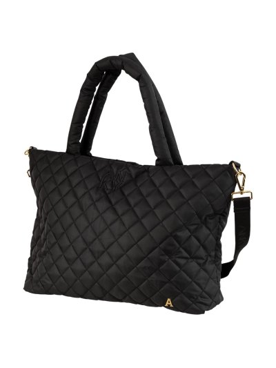 Bolsa tote de mano negro con bordado en forma de diamantes y detalles metalicos dorados - Anky