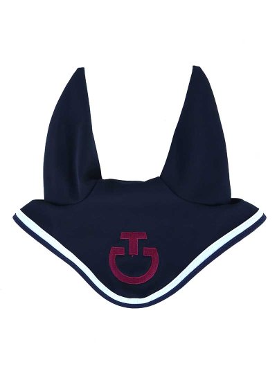 Bonnet bleu marine et blanc avec logo bordeaux et oreilles rigides pour cheval et poney - Cavalleria Toscana