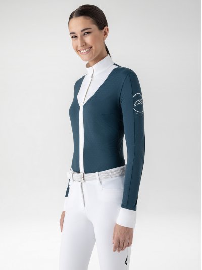 Camisa de competición de manga larga azul marino y blanco para mujer - Estock - Equiline