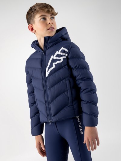 Chaqueta acolchada de plumón con capucha en azul marino con el logotipo en blanco para junior Cino - Equiline