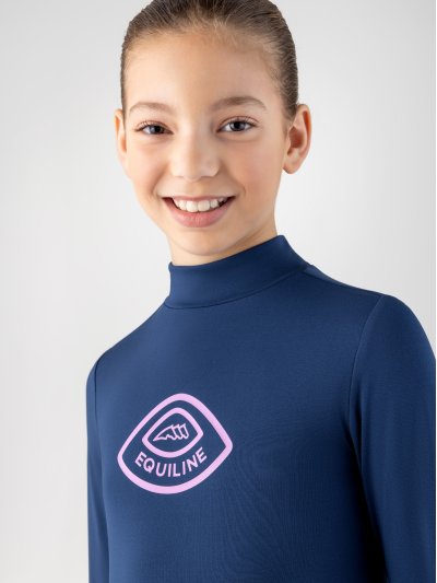 Camiseta técnica de manga larga azul marino con logotipo en rosa para niña - Colam - Equiline