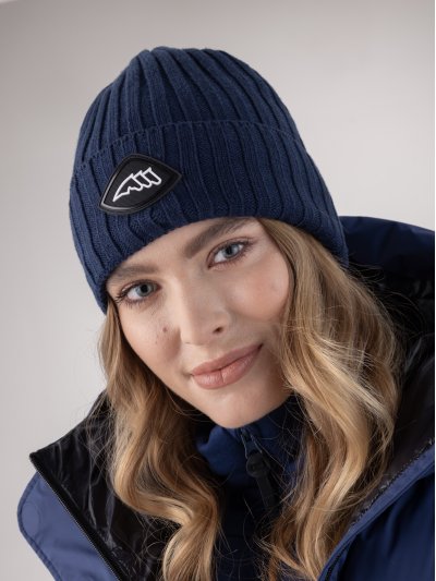 Gorro de punto azul marino con interior polar y el logotipo negro y blanco unisex -Equiline