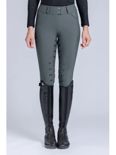 Pantalones de montar de cintura alta verde oscuro (Deep Forest) full grip con brillantes para mujer - RG
