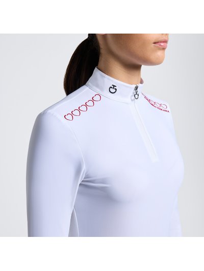 Girls’ White Long-Sleeve Competition Polo with Red Heart Logo – Cavalleria Toscana