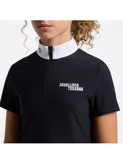 Girls’ short-sleeve navy competition polo with white embroidered logo – Cavalleria Toscana