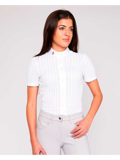 Chemise de compétition à manches courtes blanc avec perforaciones à rayures pour femme - Cavalleria Toscana