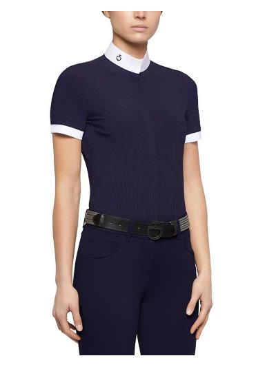 Chemise de compétition à manches courtes à rayures bleu marine et noir pour femme - Cavalleria Toscana
