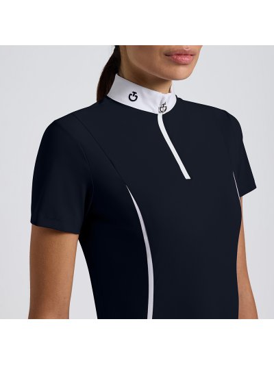 Women`s navy blue short sleeved competition shirt with mesh inserts and front zipper - Cavalleria Toscana