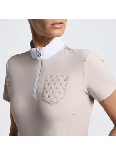 Camisa de concurso de manga corta beige (Rainy Day) con bolsillo de lentejuelas para mujer - Cavalleria Toscana