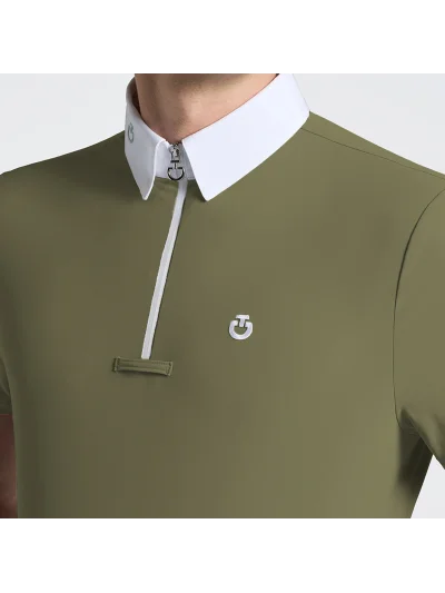 Polo de concurso de manga corta verde oliva (Winter Moss) con media cremallera para hombre - Cavalleria Toscana