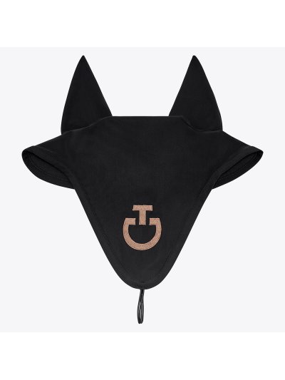 Black ear bonnet with caramel brown embroidered logo, fine elastic ears, and bridle attachment for horse – Cavalleria Toscana