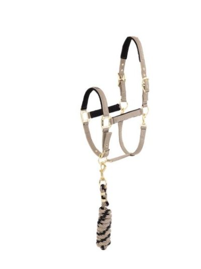 Licol d'écurie avec longe beige foncé et noir pour cheval et poney - Anky
