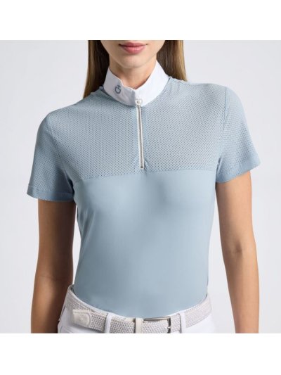 Camiseta de competición con inserciones de jersey perforado con cremallera y manga corta color azul claro para mujer- Cavalleria Toscana
