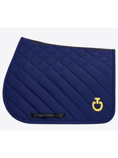 Sudadero de salto azul índigo con bordado de rombos y líneas con el logo en amarillo para caballo y pony - Cavalleria Toscana -