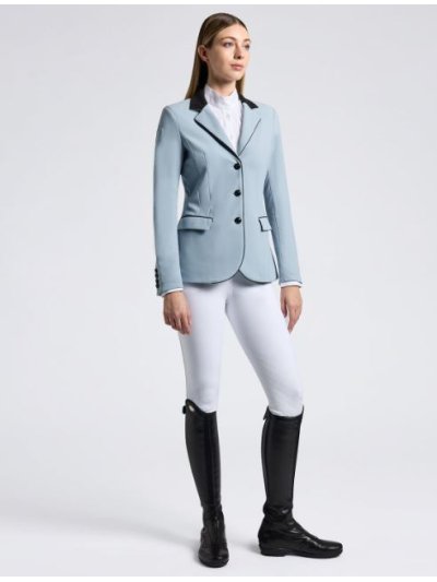 Americana de competición azul claro en tejido tecnico con cuello alcántara negro y ribetes en contraste para mujer - Cavalleria Toscana