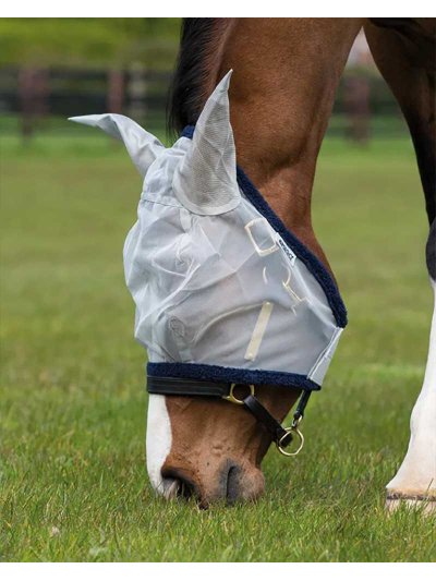 Masque anti-mouches fin avec oreilles en lycra argenté et mouton bleu marine pour cheval et poney - Amigo