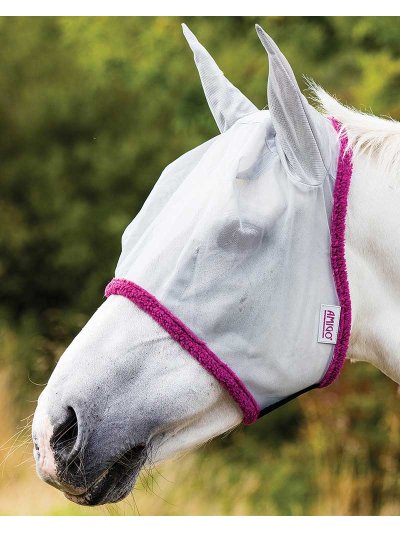 Masque anti-mouches fin avec oreilles en lycra argenté et mouton violet pour poney - Amigo