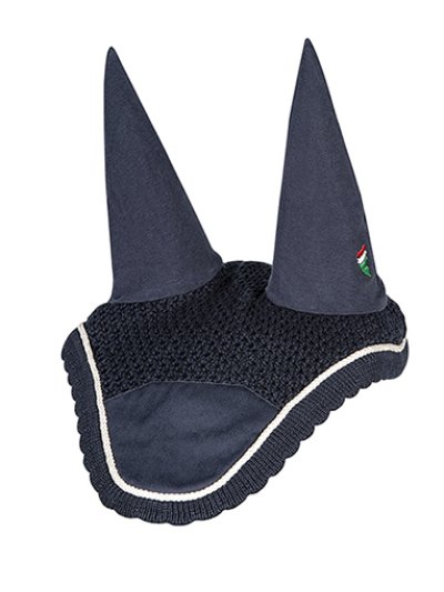 Bonnet en crochet bleu marine avec oreilles élastiques et cordon blanc pour cheval (full) - Roma - Equiline
