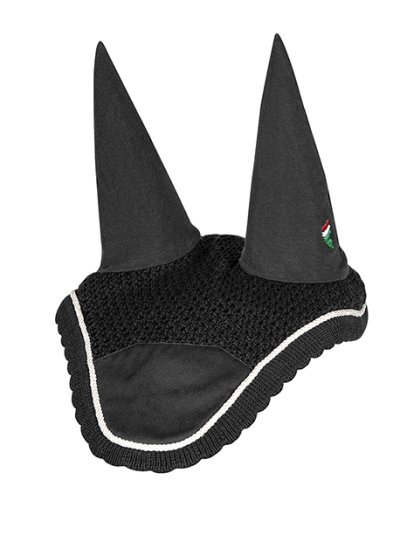 Bonnet en crochet noir avec oreilles élastiques et cordon blanc pour cheval (full) - Roma - Equiline