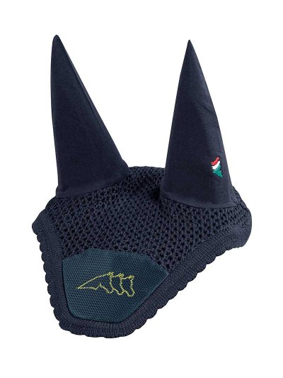 Bonnet en crochet bleu marine avec oreilles élastiques et logo jaune pour cheval (full) - Cora - Equiline