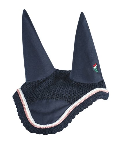 Bonnet en crochet bleu marine avec oreilles élastiques et triple cordon pour cheval (full) - Emely - Equiline