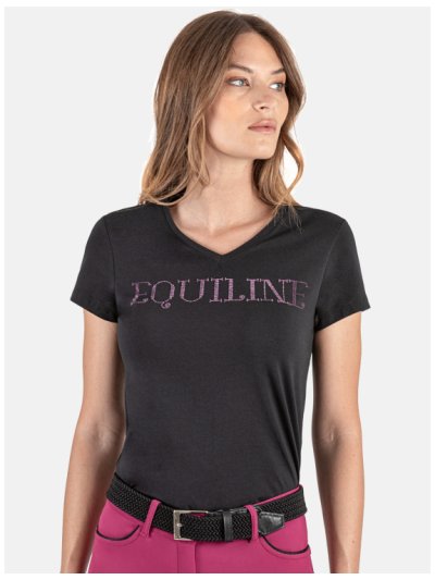 Camiseta de manga corta color negro con brillantes y el cuello en V para mujer - Gigerg - Equiline