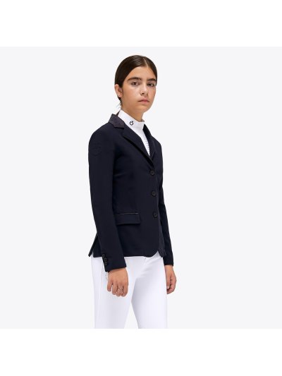 Chaqueta de concurso azul marino con cuello alcántara negro y ribetes en contraste para niña GP - Cavalleria Toscana
