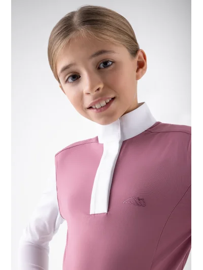 Pink (Daybreak) long-sleeve competition polo shirt with white tulle sleeves for girls EQGOR - Equiline